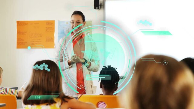Teacher teaching lesson and activating teal HUD displaying world map and chart while class writing