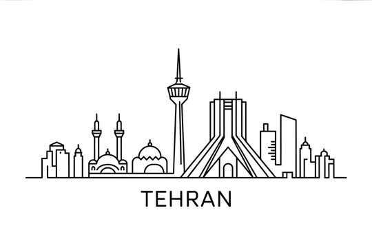 Tehran city skyline with famous landmarks and buildings in one line  Tehran