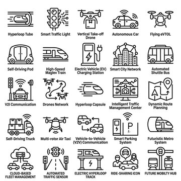 Autonomous Vehicles Technology Icons Set.