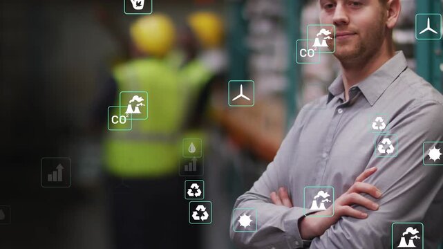 Camera panning focus to lead in gray shirt animated graph icons clustering warehouse staff picking