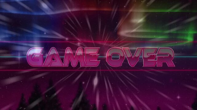 Opening with purple stars and neon streaks magenta 3D GAME OVER rising pulsing signaling end-screen