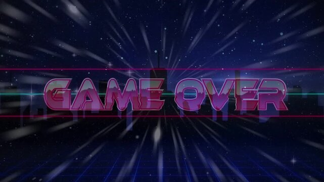 Magenta flare starting 3D neon GAME OVER emerging scan lines sliding light streaks expanding ending