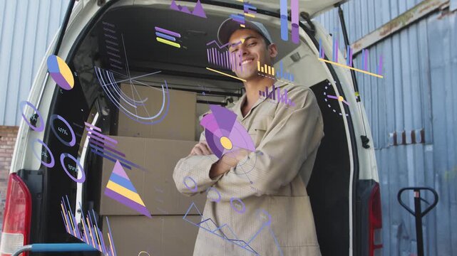 Delivery worker posing in cargo van, camera zooming initiating animated chart showing logistics