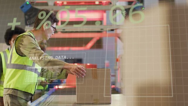 Conveyor moving boxes to warehouse operator steadying opening box while HUD guiding sorting checks