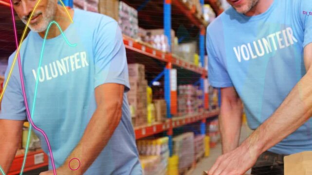 Hand placing bottle causing packing for food bank, volunteer pair filling bags, lines over team
