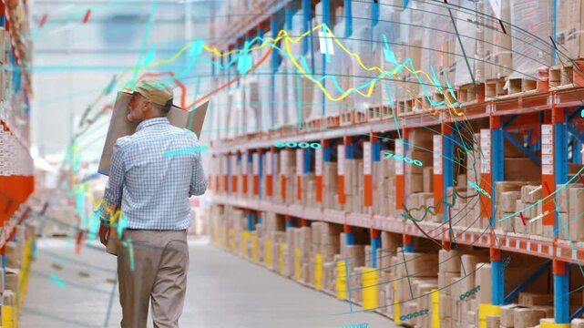 Warehouse man lifting boxes moving stock down aisle, animated graphs overlaying racks not touching