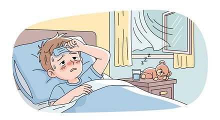 Obraz premium A Sick Child Experiences Fever and Rest in Bed Surrounded By Sympathetic Elements