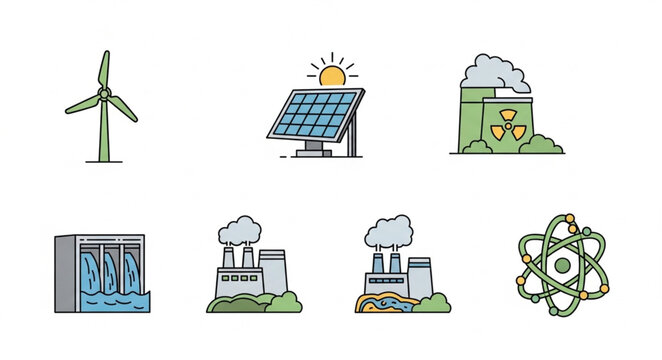 Set of renewable and non-renewable energy sources icons.