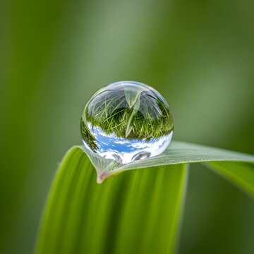 A single water droplet on a blade of grass, reflecting the blue sky and green landscape, showcasing the beauty of nature