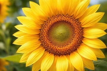 Fototapeta premium Bright yellow sunflower close up with detailed petals and seeds natural summer garden bloom