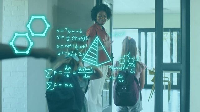 Mom opening front door, kids arriving from school high-fiving, teal formulas rising over backpacks