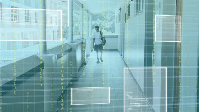 Education student appearing far end, walking toward classroom while HUD data streams overlaying