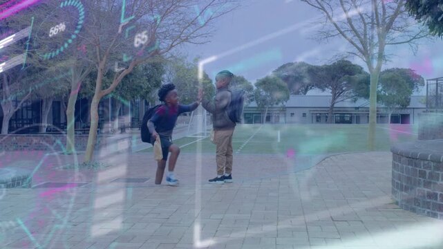 Boy signaling, friend running in, greeting and walking with lunchbags, HUD overlay tracking school