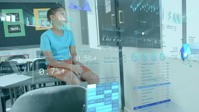 Student shifting gaze right and upward in classroom as HUD charts updating with percentages