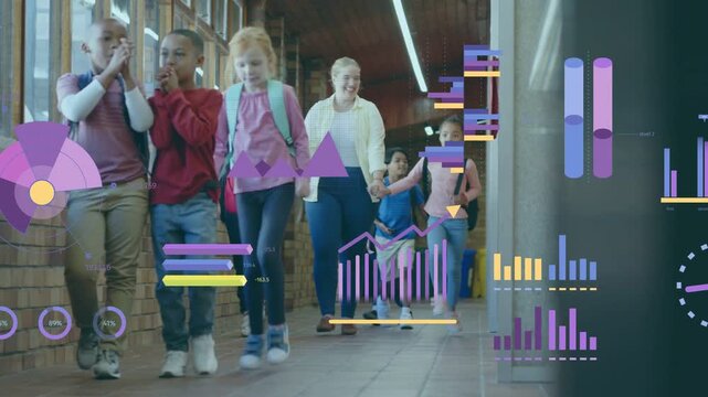 Teacher guiding school students walking corridor, animated charts overlaying data and growing