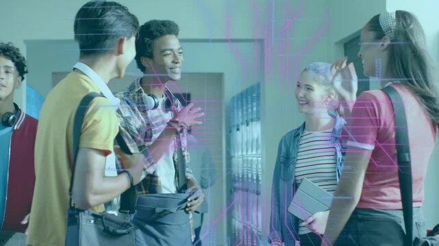 Male with buds leading school chat by blue lockers, group smiling, purple-blue HUD tracing gestures