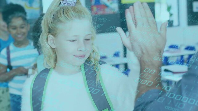 School teacher raising hand, students high-fiving for greeting, data moving while camera shifting