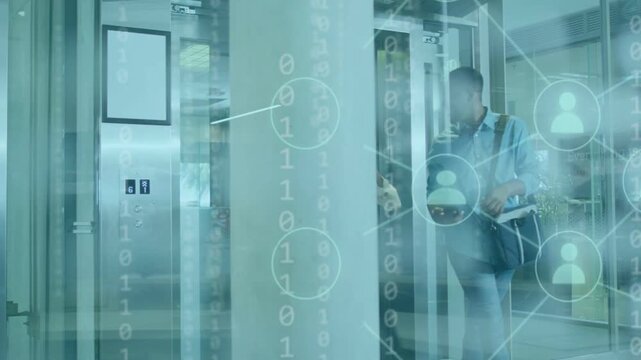 Doors opening, man stepping and checking phone, woman pulling case, code overlaying office, exiting