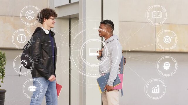 Left student stepping forward fistbumping peer walking away while right watching HUD book icons