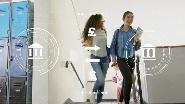 Students walking up stairs between classes faint currency overlaying students males checking phone