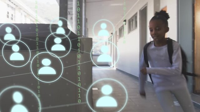 Pupil hurrying to camera in school corridor, nearing, causing icons, binary streams around backpack