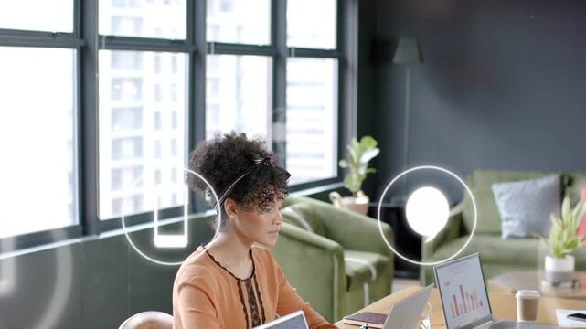 woman typing laptop office while alert icons pulsing over desk, overlapping peer, managing mail
