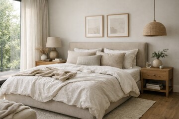 Fototapeta premium Cozy neutral bedroom interior with soft bedding natural light minimalist home decor calm lifestyle space