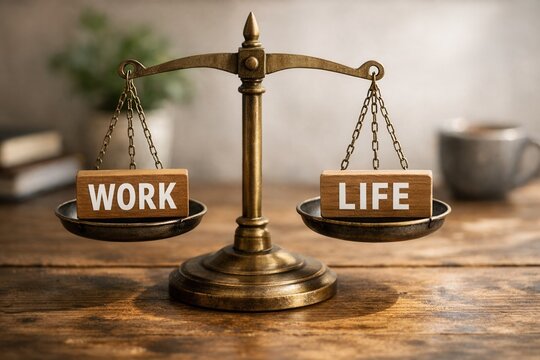 Work life balance concept with scales and wooden blocks showing equality between career and personal time