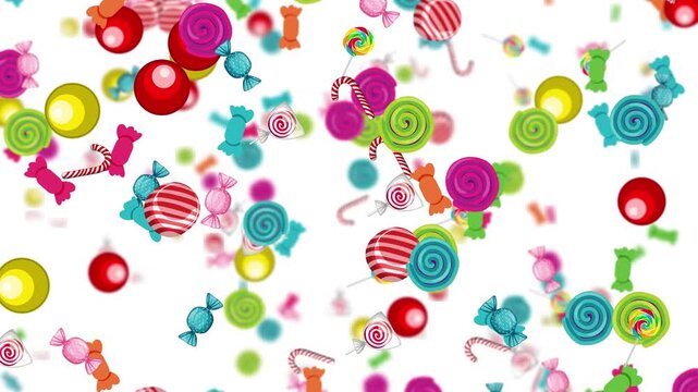 Colorful cartoon candy and sweets falling against white background in slow motion.