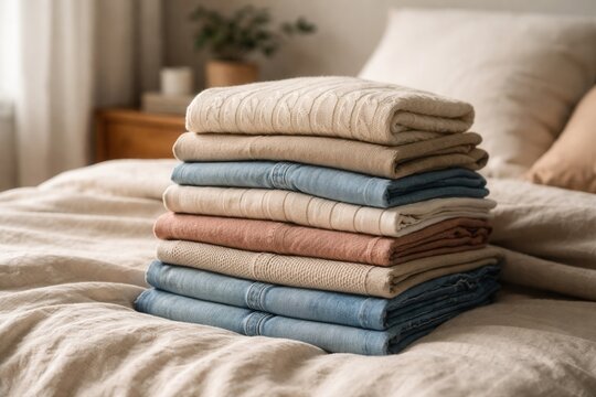 Neatly folded clothes stack on bed in cozy bedroom home organization laundry clean textile concept