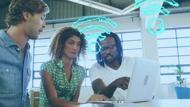 Left man reaching trackpad tech team using laptop tablet wifi icons linking devices confirming link