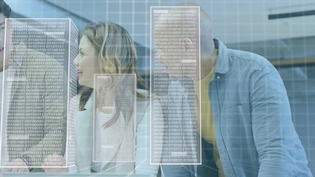 Team leaning, analyzing projected panels appearing as columns on glass table, discussing business