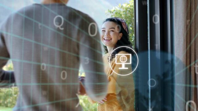 Woman making eye contact starting UI, man entering embracing, icons enlarging for tech creators