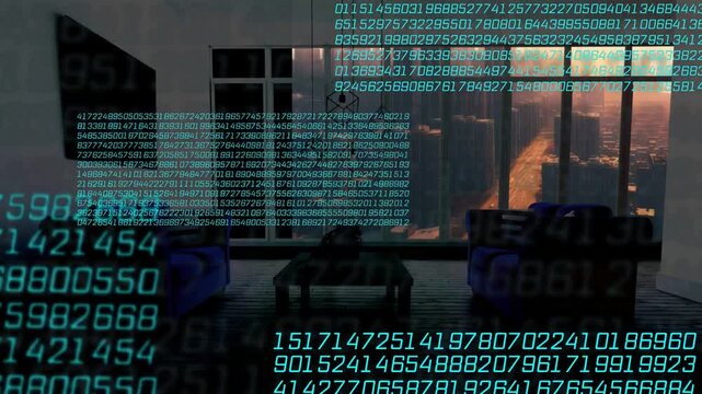 Faint teal code appearing growing sliding stacking panels over sofas and window visualizing data