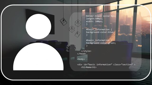 On load large avatar appearing; code panel filling, scrolling, revealing profile showing skills