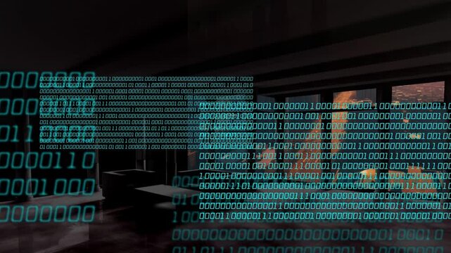 Teal binary stream fading in from edges, holo panels forming, sliding, stacking to show data flow