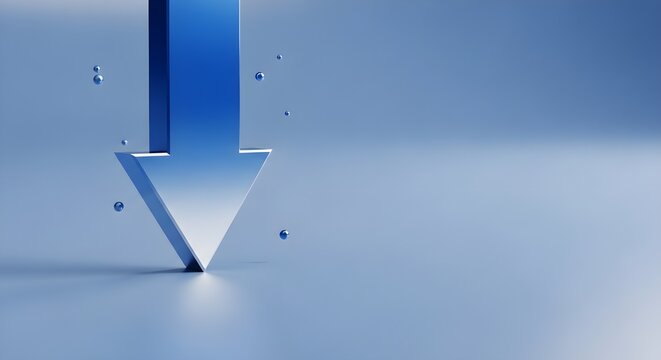 Downward pointing blue metallic arrow floating in abstract studio space representing decline or economic crisis.