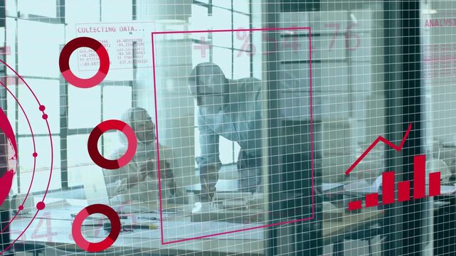 Standing coworker leaning, seated coworker using laptop as HUD expands, framing charts for business