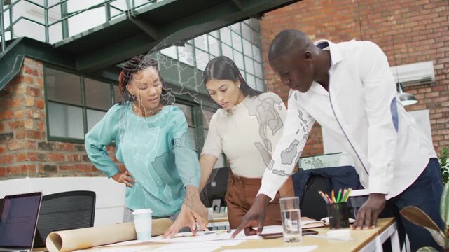 Center woman placing hand and pointing, team tracing plans with animated lines, finalizing design