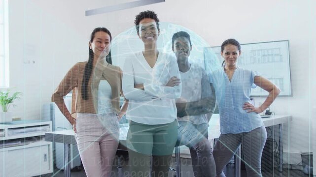 Four women in tech posing, starting holo centering over center, animating grid showing data fading