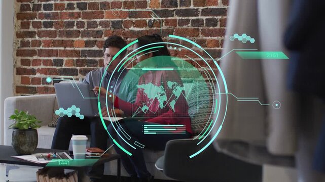 Two colleagues consulting laptop after tapping, HUD appearing, cycling map, chart for business data
