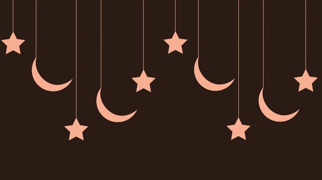 Crescent moon animation with hanging stars. Crescent moon islamic holiday decoration. Crescent moon digital religious celebration graphic on black background.