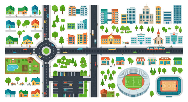 City map illustration with buildings roads and parks