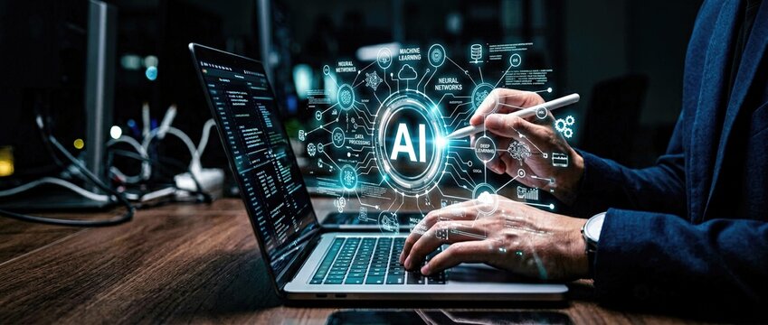 Exploring ai innovations an engaging overview of artificial intelligence in business urban office digital content modern workspace user perspective