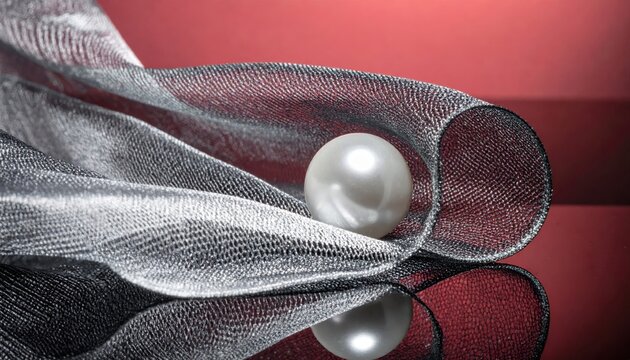 A single lustrous pearl rests elegantly on shimmering silver mesh fabric against a rich red backdrop, creating a luxurious and sophisticated composition.