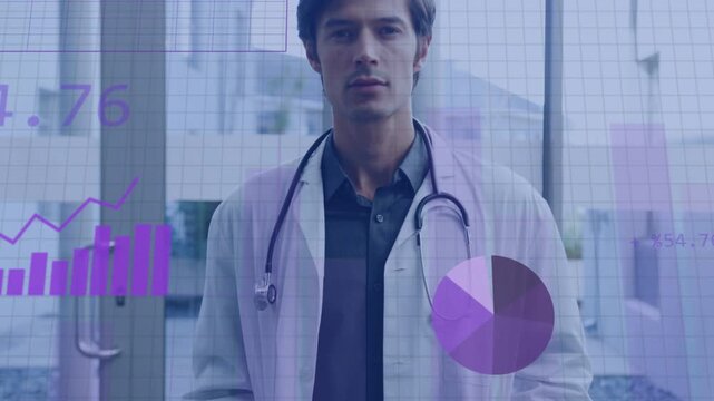 Frame widening revealing doctor at glass door, purple graphs collecting and analysing health data