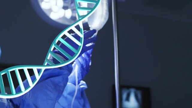 Medical team priming IV and prepping BVM for anesthesia while DNA helix overlaying left