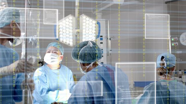 Surgical team adjusting IV while AR grid overlays appearing from monitor updates, guiding surgery