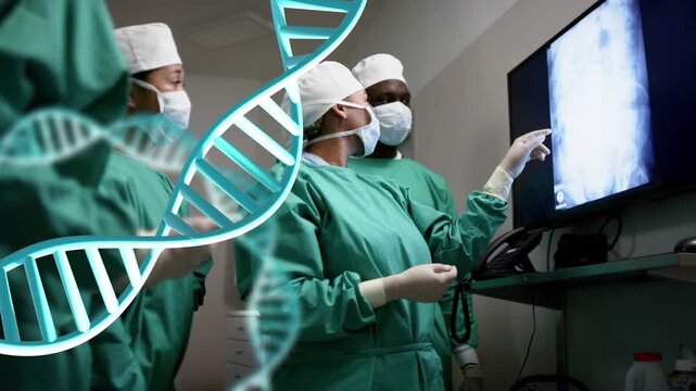 Surgeon raising gloved hand, pointing at radiograph, team reviewing procedure, DNA helix sweeping