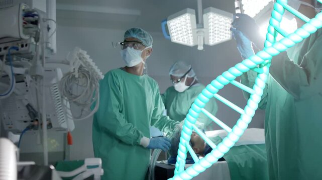 Surgical team adjusting light and securing tubing, monitoring patient while DNA helix hovering